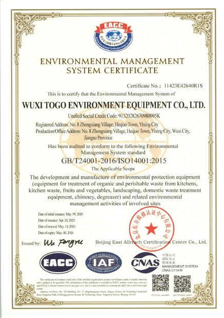 CHINA WuXi TOGO Environment Equipment Co., Ltd. zertifizierungen